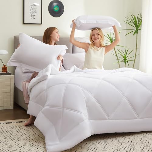 Joiedomi Queen Comforter Set with Sheets White, 7 Pieces Queen Bed Set with 1 Down Alternative Comforter, 1 Flat Sheet, 1 Fitted Sheet, 2 Pillowcases and 2 Pillow Shams, Bed in a Bag for All Seasons
