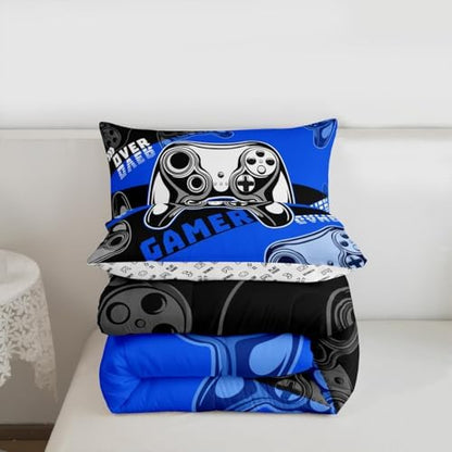 Erosebridal king Gamer Comforter Sets for Boys&Girls ,Gaming Boys 3 Pcs Bed in A Bag Video Game Bedding -All Season Microfiber Kids,with 2 Pillowcases 1 Blue Black