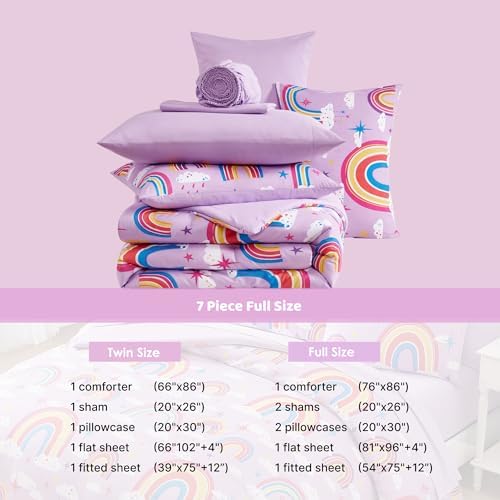 Girls Full Size Bedding Sets - 7 Pieces Purple Rainbow Full Comforter Set