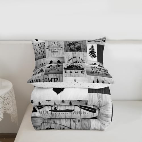 Lake Life Comforter Set Twin Size,Camping Fishing Bedding Set Bear Anchor Pine Print Grid Quilt Set Kids Boys Men Adult Rustic Cabin Room Decor Grey Retro Patchwork Plaid Duvet Insert 2Pcs
