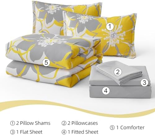 Anibedding 7 Pieces Yellow Floral Comforter Set Queen Size, Reversible Bed in a Bag with Sheets Set All Season, Soft Microfiber Flower Pattern Complete Duvet Bedding Set (Queen, 90"x90")