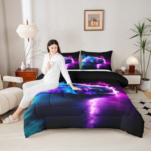 Twin Comforter Set Boys Room Decor,Cars Bedding Cars Birthday Decorations,Purple Blue Race Car Comforter,Cool Racing Car Duvet Insert for Boys Girls,Extreme Sports Car Gaming for Men Adults,Soft Cozy