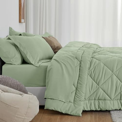 Love's cabin Twin Comforter Set Sage, 5 Pieces Twin Bed in a Bag, All Season Bedding Sets with 1 Comforter, 1 Flat Sheet, 1 Fitted Sheet, 1 Pillowcase and 1 Pillow Sham