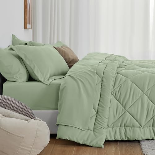 Love's cabin Oversized Queen Comforter Set, 7 Pieces Bed in a Bag, All Season Bedding Sets with 1 Comforter, 1 Flat Sheet, 1 Fitted Sheet, 2 Pillowcase and 2 Pillow Sham, Sage