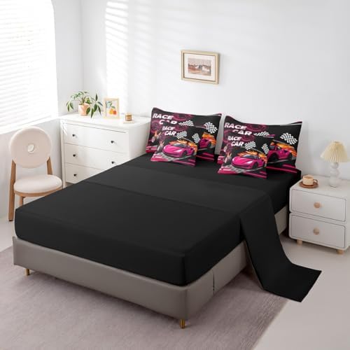 Feelyou Rose Pink Race car Comforter Set Full Size 7 Pcs Bedding Set Kids