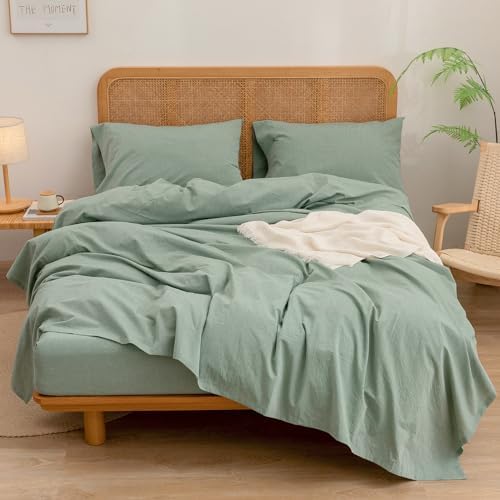 BESTOUCH Twin Washed Cotton Linen Feel Sheet Set 3pc Solid Green