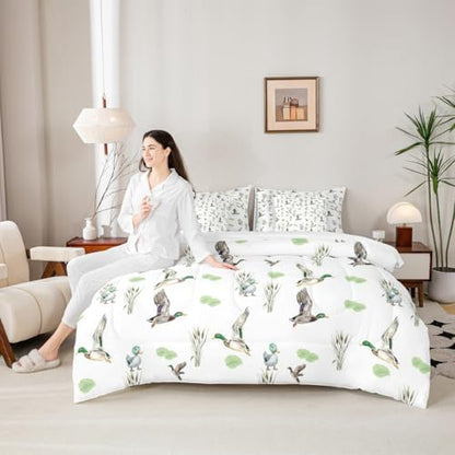 Erosebridal Mallard Duck 7 Piece Comforter Set Twin Bed in A Bag Woodland Wild Duck Bedding Set for Kids Boys Girls Waterfowl Flying Ducks Sheet Set Rustic Farmhouse Comforter Hunting Wildlife Theme