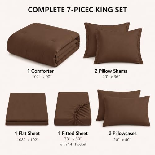 HIMEET King Comforter Set, 7-Piece Point-Quilted Bed in a Bag, Brown