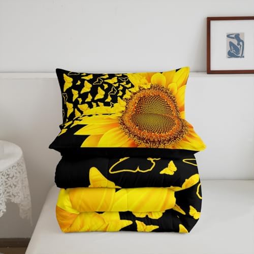 jejeloiu Sunflower Butterfly Comforter Set Twin Size Kids Floral Bedding Set for Boys Girls Teens Yellow Flowers Duvet Breathable Botanical Spring Quilt Bedroom Decor,1 Comforter with 1 Pillowcase