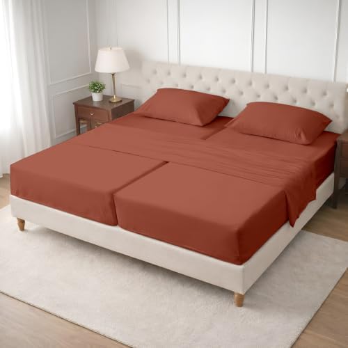 SGI Split King Sheet Set for Adjustable Bed Egyptian Premium Cotton Sheets for Sleep Number Bed 15" Deep Pocket 5 Pc Set with 2 Twin XL Fitted Sheets Soft Breathable -Terracotta