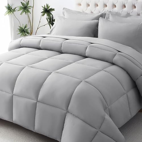 JOLLYVOGUE Twin Comforter Set, Ultra-Soft Bed in a Bag Twin Size 5 Pieces, Oeko-TEX Certified Bedding Set with Down Alternative Comforter, Sheets, Pillowcases & Shams, Light Grey