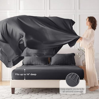 MUXHOMO 7 Pieces Oversized Queen Comforter Set, Seersucker Bed in a Bag Oversized Queen Size, All Season Luxury Bedding Set with Comforter, Flat Sheet, Fitted Sheet, Pillowcases & Shams, Dark Grey