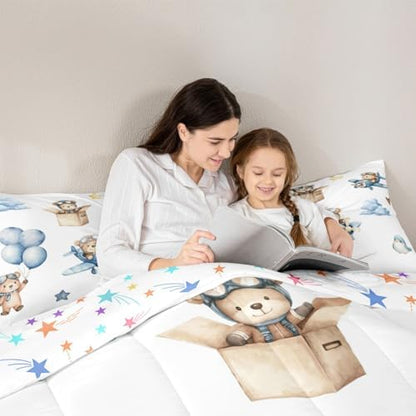 Erosebridal Cartoon Aircraft King Size Bedding Set, Cute Bear Airplane Propeller Plane Comforter Set for Kids Boys Girls Adults Bedroom, Lovely Bird Animals Comforter, Balloon Star Cloud Quilt