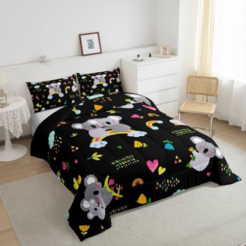 Erosebridal Koala Comforter Set, Kids Rainbow Bedding Set Queen Size Flower Love Heart Duvet Sets for Girls Boys Children Cute Animal Cartoon Down Comforter 3 Pieces with 2 Pillow Cases, Black