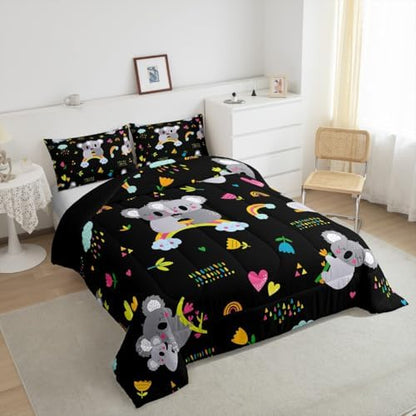 Erosebridal Koala Comforter Set, Kids Rainbow Bedding Set Full Size Flower Love Heart Duvet Sets for Girls Boys Children Cute Animal Cartoon Down Comforter 3 Pieces with 2 Pillow Cases, Black