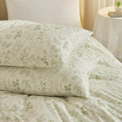 Vintage Boho Floral Duvet Cover Twin White Green Floral Print Bedding Set Cotton Botanical Floral Comforter Cover Garden Flowers Aesthetic Bedding Cover Boho Style Twin Duvet Cover with Zipper Closure