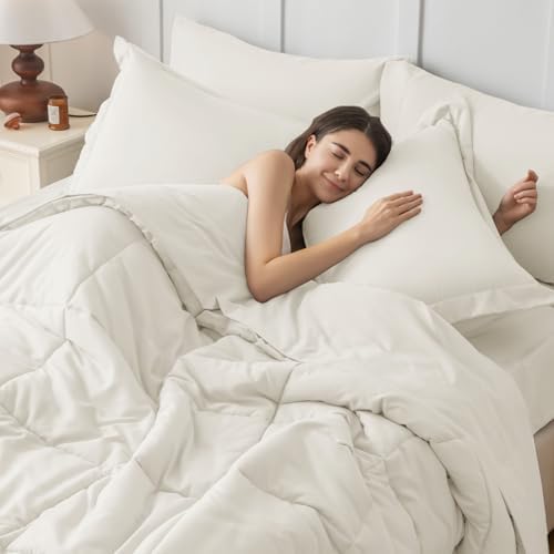 JOLLYVOGUE Twin XL Comforter Set, Ultra-Soft Bed in a Bag Twin XL Size 5 Pieces, Oeko-TEX Certified Bedding Set with Down Alternative Comforter, Sheets, Pillowcases & Shams, Ivory