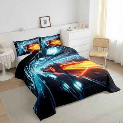 Boys Race Car Bedding Set,Neon Racing Cars Toddler Size Comforter Set for Boys Kids Para Niños,Orange Blue Sports Gaming Comforter for Teens,Cool Sci-Fi Extreme Sports Speed Car Quilt for Room Decor