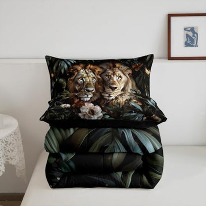 Couple Lion Kids Comforter Set King Size,Flowers Palm Leaf Tropical Rustic Bedding Set,Girls Boys Room Decor,Botanical Wildlife Jungle Animals Quilt Comforter,Vintage Duvet Insert,2 Pillowcases