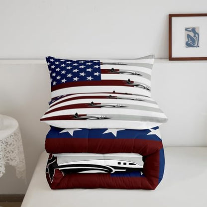 Erosebridal Airplane Comforter Set Full for Kids Adult,American Flag Bedding Set Air Plane Room Decor for Boys Girls,Stars and Stripes Comforter Set Aircraft Aviation Themed Quilt Bed Set 3Pcs