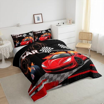 Feelyou Kids Red Race car Comforter Set Full Size Boys Girls