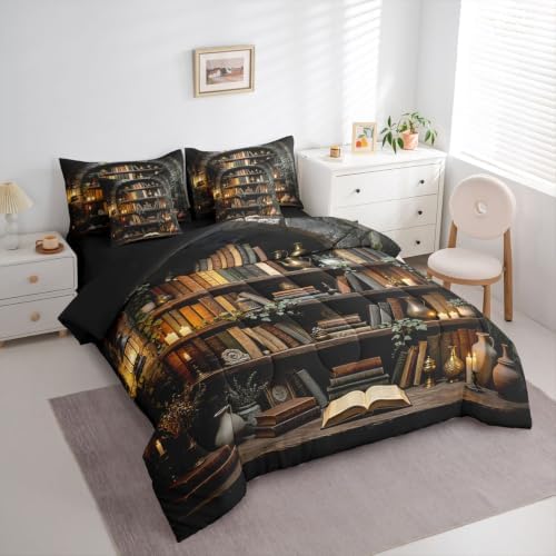 Erosebridal Bookshelf 7 Piece Bedding Set Twin Vintage Rustic Witchy Comforter Set with Sheets Dark Farmhouse Country Books Bed in a Bag Wooden Board Reading Bed Sets Comforter