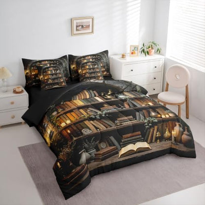 Erosebridal Bookshelf 7 Piece Bedding Set Twin Vintage Rustic Witchy Comforter Set with Sheets Dark Farmhouse Country Books Bed in a Bag Wooden Board Reading Bed Sets Comforter