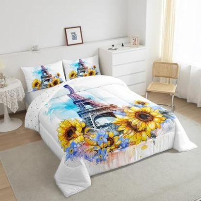 Eiffel Tower Comforter Set Twin Size for Girls Women French Eiffel Tower Bedding Pink Purple Tie-Dye Print Bedding Comforter Sets Romantic Paris Decor for Bedroom Duvet Insert French Style Quilt