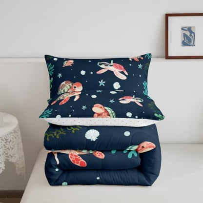 Homewish Cartoon Turtle Bedding Set King Size,Shell Coral Comforter Set 3Pcs for Kids Girls Boys Teens Room Decor,Diving Theme Sea Animals Quilt Set Blue Green Duvet Insert,2 Pillowcases