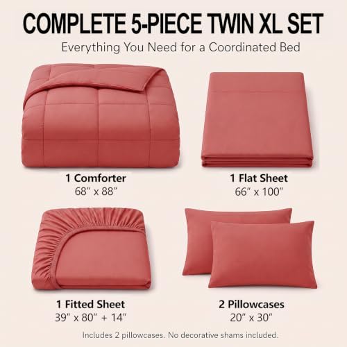 CozyLux Twin XL Comforter Set Coral - 5 Pieces Twin XL Bed in a Bag