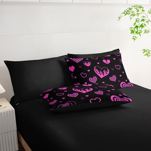 7Pcs Heart Comforter Set Pink Rose Printed Bedding Set with 1 Comforter, 1 Flat Sheet, 1 Fitted Sheet and 4 Pillowcases for Boys and Girls Bedroom All Season(Rose-2 Full
