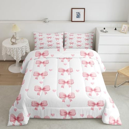 Feelyou Bow Bedding Set for Kids Girls Woman Full Size Bow Decor Comforter Set Ultra Soft Cute Coquette Bow Knot Comforter Love Heart Pattern Duvet Quilt Bedroom Decor Bowknot Quilt