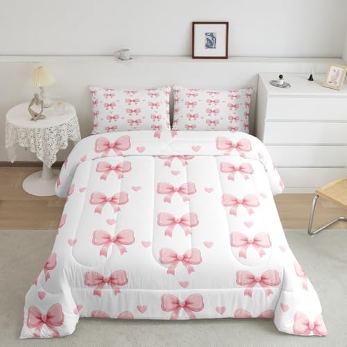 Feelyou Bow Bedding Set for Kids Girls Woman King Size Bow Decor Comforter Set Ultra Soft Cute Coquette Bow Knot Comforter Love Heart Pattern Duvet Quilt Bedroom Decor Bowknot Quilt