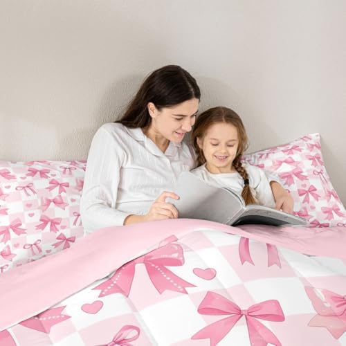 jejeloiu Watercolor Bow Kids Comforter Set Twin Size Pink Bow Bedding Set Dreamy Princess Style Duvet Quilt for Kids Boys Girls Bedroom Decor Microfiber Ultra Soft Breathable