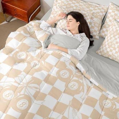 Lucky 8 Ball Comforter Set Full Size,Girly Fashion Y2K 7 Piece Bedding Set For Kids Boys Girls,Coquette Cherry Bow Bed In A Bag With Sheets For Preppy Room Decor,Beige White Checkerboard Plaid Bed Set