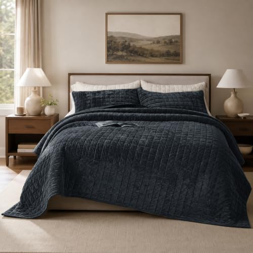 Quilt Set Queen Size 90x98 Luxurious Velvet Bedding Sets with 2 Pillow Shams 20x26 3 Pieces Ultra Soft Quilted Bedspread Coverlet Comforter for All Season,Black