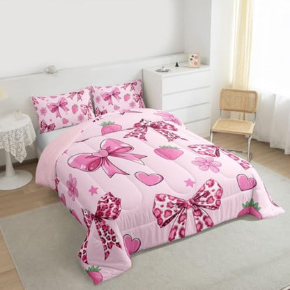 jejeloiu Bowknot Leopard Bedding Set Adults Girls Comforter Set Full Size