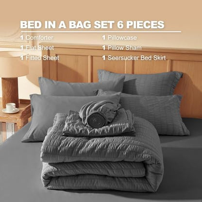Laojin Balhen Twin Comforter Set 5 Pieces, Dark Grey Seersucker Bed in a Bag Set Twin Size, All Season Luxury Bedding Sets with Comforter, Sheets, Pillowcase & Sham