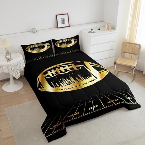 Erosebridal Football Bedding Sports Themed Comforter Set Boys Soccer Duvet Black and Golden Football Print Quilted Comforter for Kids Teen Bedroom Decor Breathable Cozy Bedding Set 3 Piece, King Size