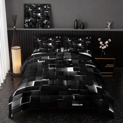 Nttopship Neon White Black Comforter Set Queen Geometric Kids Bedding Set,3 PCS Geometry Honeycomb Bed Set Modern Quilt Set 1 Comforter 2 Pillow Cases Cool Room Decor All Season B-Side Black