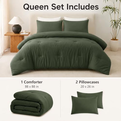 CozyLux Queen Comforter Set, 3 Pieces Down Alternative Bedding, Dark Green