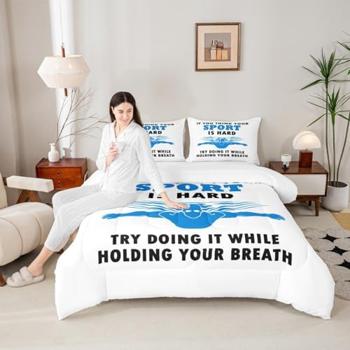 Homewish Swimming Comforter Set Twin Size,Swim Theme Bedding Sets 2Pcs,Water Sports Quilted Duvet for Kids Teens Boys Adult Room Decor,Swimmers Blue White Down Comforter,1 Pillowcase