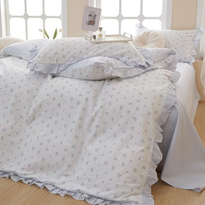 VM VOUGEMARKET Blue Flower Duvet Cover Set Queen,3 Pieces Romantic Ruffle Duvet Cover with 2 Lace Pillow Shams,100% Cotton Princess Bedding Set for Girls-Flower Striped Pattern