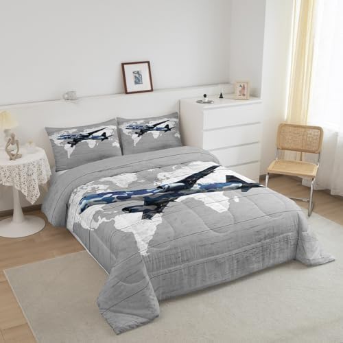 Erosebridal Kids Adult Airplane Comforter Set Full Size,Navy Blue Camo Plane Bedding Set for Toddler Boys Girls,Aviation Decor for Home Aircraft Comforter Set Breathable Map Quilt Bed Set 3Pcs