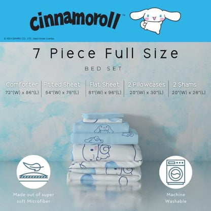 Cinnamoroll Bedding 7 Piece Super Soft Cozy Reversible Comforter and Sheet Set with Sham, Full, (100% Official Licensed Product) By Franco