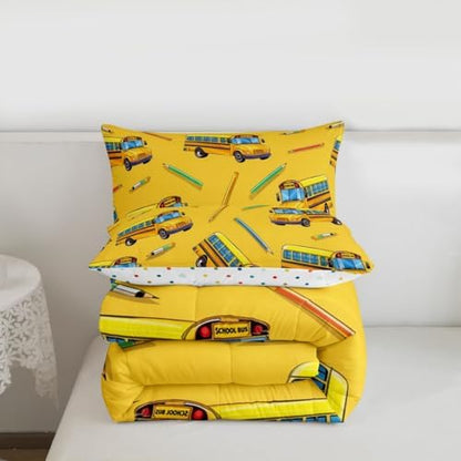 Erosebridal School Bus Bedding Set Full for Home, School Truck Comforter Set for Kids Boys Girls Teens Bedroom Decor, Cartoon Car Theme Comforter, Yellow Quilt with 2 Pillowcases, 3 Pcs