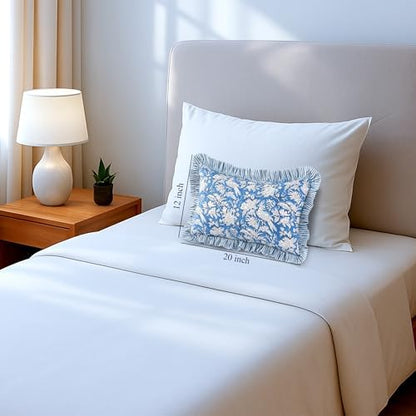 CPC Block Print Blue Sapphire Ruffle Cotton Lumbar Pillow Cover 12x20 inch