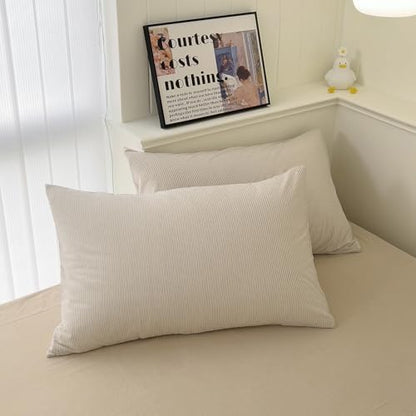 mixinni Tan Striped Duvet Cover Twin Size - 100% Washed Cotton Beige Pinstripe Comforter Cover with Zipper Closure, Lightweight & Breathable, 3 Pieces Minimalist Stripes Pattern Printed Bedding Set