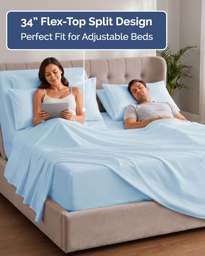 Extra Deep Flex Top Split Head King Sheet Set - 6pc Bed Sheets - Sky Blue