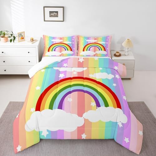 Castle Fairy Colorful Stripes Comforter Set Full Size,Rainbow Bedding Set for Girls Women Adult Bedroom Decoration,Kids Star and Cloud Bed Duvet Insert,Dreamy Comforter with 2 Pillowcase